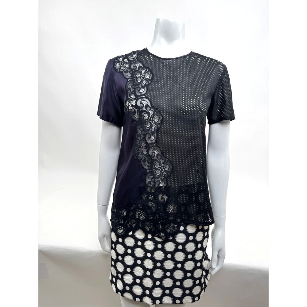 Stella McCartney Black Purple Floral Mixed Media Lace Mesh Blouse Top Size 38